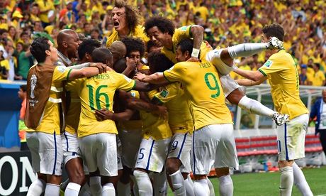 Brazil celebrate Fernandinho's goal