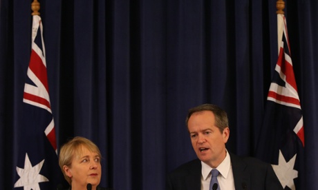 Bill Shorten with disability shadow Jenny Macklin in the Opposition Party room.