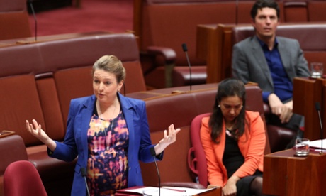Western Australian Senator Louise Pratt bids farewell as she delivers her valedictory, with ALP senator Lisa Singh and Greens senator Scott Ludlam in the background.