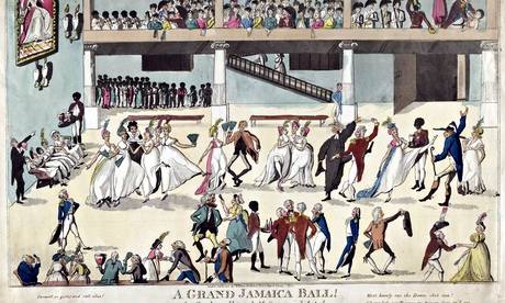 British colonists served by African slaves at a ball in Spanish Town, Jamaica