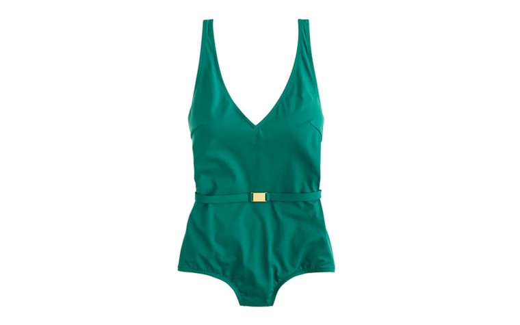 Swimwear: Swimwear - green swimsuit with gold trim belt by J.Crew
