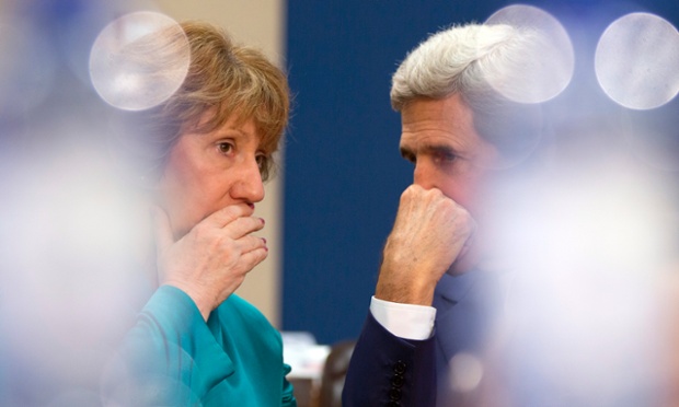 US Secretary of State John Kerry speaks with European Union High Representative Catherine Ashton