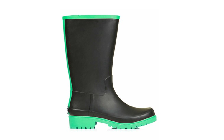 Festival wear: Festival wear - black biker wellington boots with green sole & trim by Juju