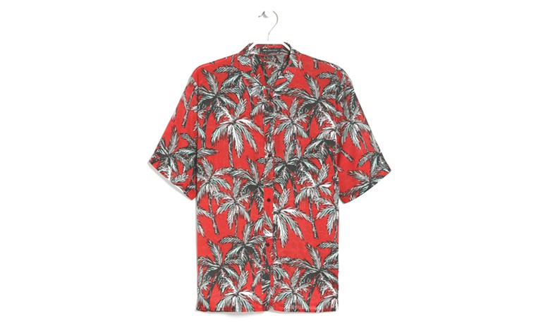 Festival wear: Festival wear - red short sleeve cotton shirt with grey palm print by Mango