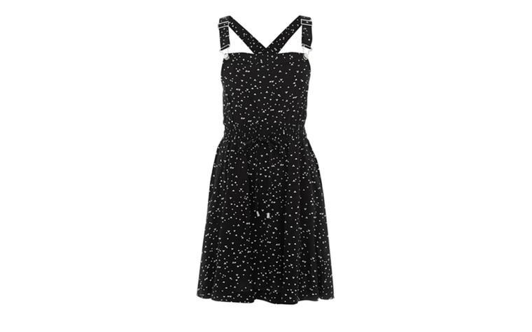Festival wear: Festival wear - black with mini white triangles dungaree dress by Warehouse