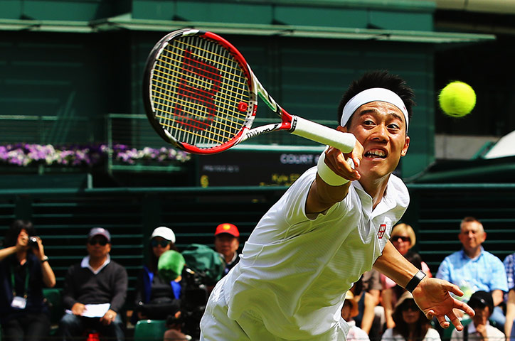 Wimbledon day four: Kei Nishikori drops his racquet