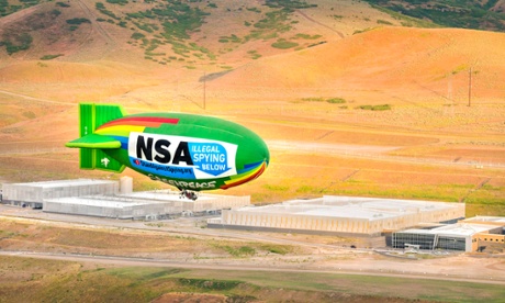 The Greenpeace blimp flies over the NSA data centre in Utah in a protest against mass surveillance. Photograph: Greenpeace