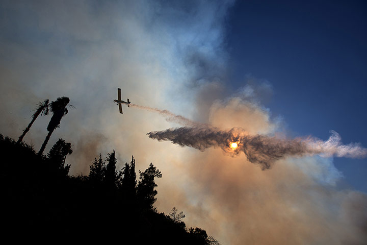 20 Photos: A plane drops water over a forest in Jerusalem to control wildfires