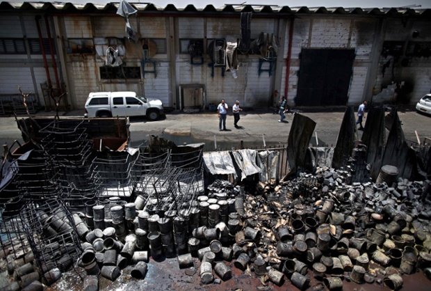 Debris at a paint factory a day after a rocket fired from the Gaza strip hit the industrial zone in Sderot, Israel.