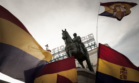 Republican flags are waved in Puerta del Sol in Madrid, Spain as thousands took to the streets to demand a referendum on the future of the Spanish monarchy. 2 June, 2014