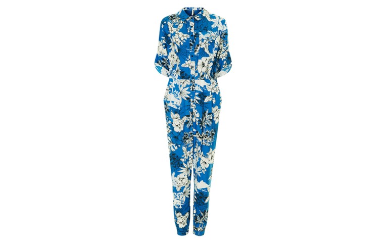 Weather defying prints: Bright prints for grey weather - blue white floral boiler suit by Topshop