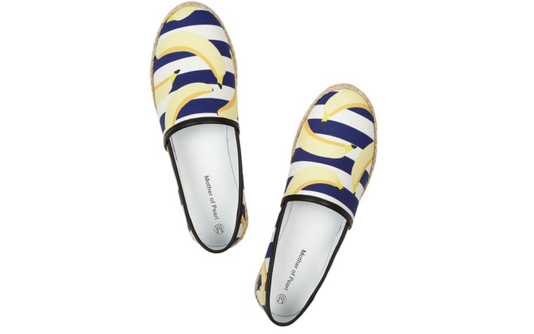 Weather defying prints: Bright prints for grey weather-stripe banana print flats by mother of pearl
