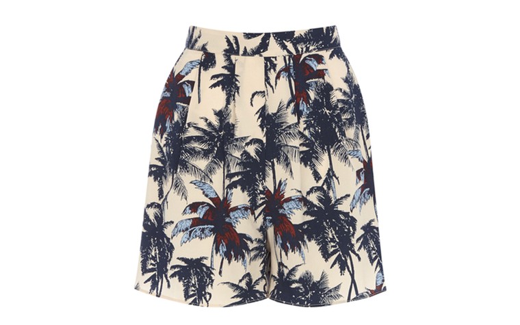 Weather defying prints: Bright prints for grey weather - cream navy palm tree print shorts