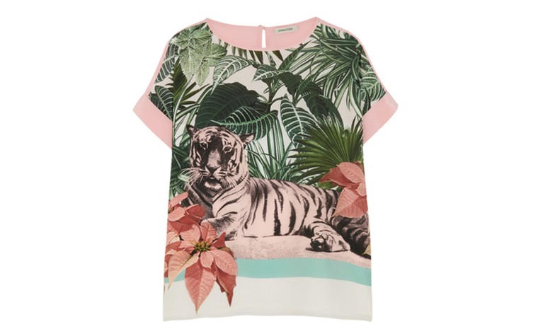 Weather defying prints: Bright prints for grey weather - palm leaves w big tiger top by emma cook