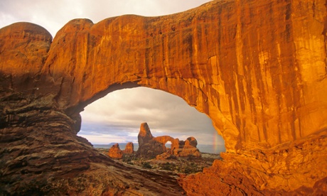 Turret Arch viewed through North Window at Arches National Park, Utah, USA