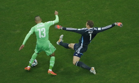 ...but Neuer gets back to tackle the Algerian forward.