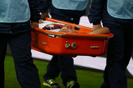 Shkodran Mustafi is stretchered off the field.