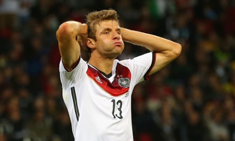 Thomas Mueller of Germany reacts after a missed chance.