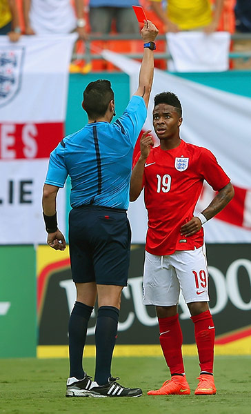 England v ecuador: The referee shows Raheem Sterling of England a red card 