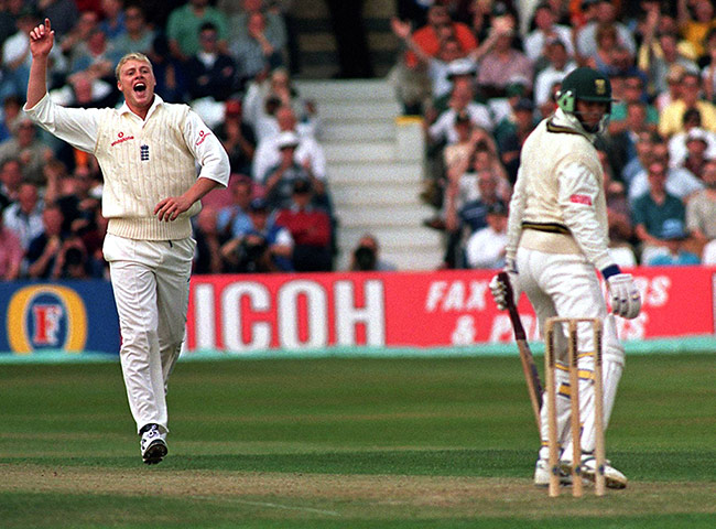 flintoff gallery: Andrew Flintoff celebrates his Test debut wicket 