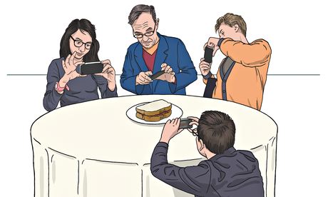 An illustration of four diners photographing a sandwich on smartphones