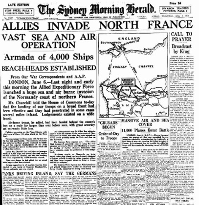 The Sydney Morning Herald front page, 7 June 1944.