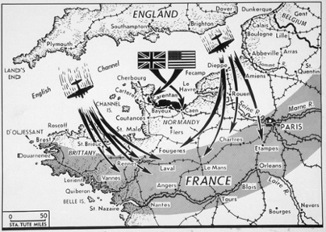 This June 1944 map shows a blackened area, at centre, on the Normandy beachhead indicating the approximate area captured by the Allies at the end of four days of battle after D-day, as continued Allied aerial bombings struck at objectives in the shaded belt.