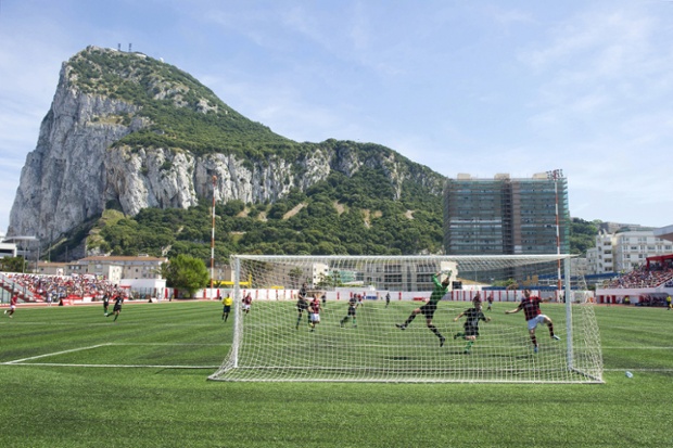 Matches in Gibraltar are played in the shadow of the Rock at Victoria Stadium