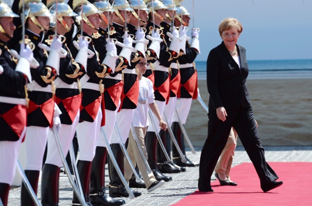 German Chancellor Angela Merkel arrives to attend the 70th anniversary of the D-Day landings, on Sword beach, Ouistreham, Normandy, France.