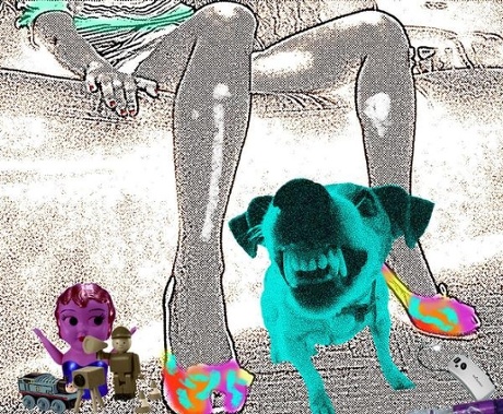 Remote control fun: 'something borrowed (dog), something new (image manipulation), something old (this work), something blue (dog)'.