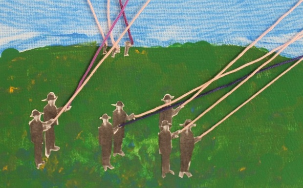 With your fist holding tight: 'The men from Magritte's Golconda playing the part of George Banks in Mary Poppins. The high and low art playing together and having a laugh'.