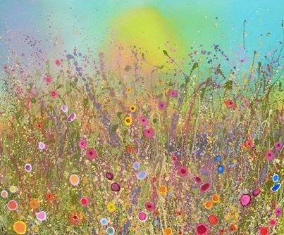 Kaleidoscopic rainbows: 'I immerse myself in rainbows each day, weaving magic, joy and beauty. I throw, pour, and work colours into multitude of layers until the painting sings back to me'.