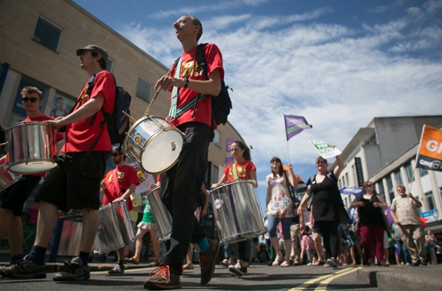 Public sector workers taking industrial action protest in the centre of Bristol. Over one million public sector workers are expected to take strike action today across the UK over disputes with the Government concerning pay, pensions and cuts. Professions of those taking industrial action include, teachers, council staff, firefighters and civil servants.