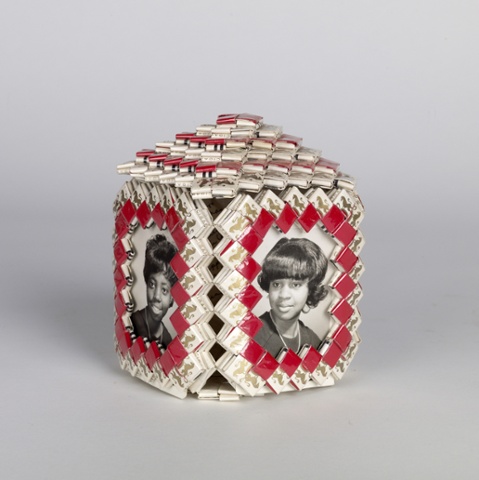Handmade curio box inset with portraits of an African-American family, silver prints, woven cigarette wrappers, 1970s, American.
