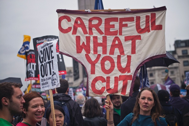 Members of unison and the NUT stage a one day strike and pretest in London's Trafalgar Square.