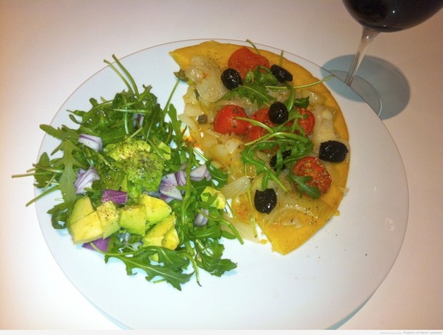 'French Socca: An aptly named recipe consisting of a Nicoise chickpea flour pancake, served with a pissaladiere type topping.'