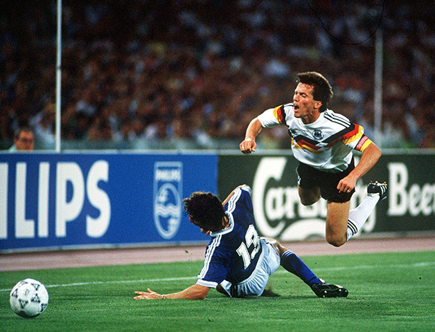 1990 world cup final: Lothar Matthaus is fouled by Argentina's Nestor Lorenzo