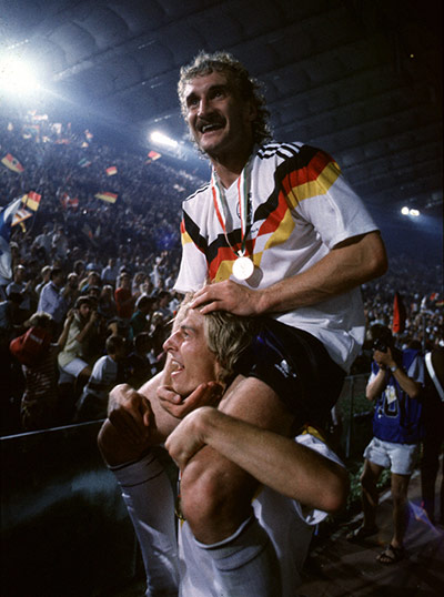 1990 world cup final: Rudi Voller celebrates on the shoulders of Jurgen Klinsmann 