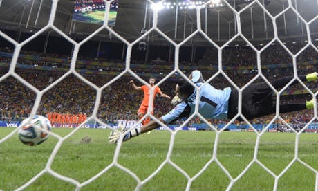 Robin van Persie's penalty beats Costa Rica keeper Keylor Navas.