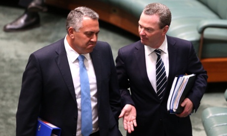 The treasurer Joe Hockey and The Leader of the House Christopher Pyne arrive for question time in the House of Representatives this afternoon Monday 14th July 2014