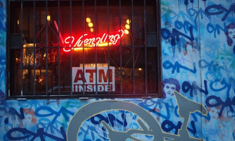 Bar with painted wall at twilight, Brooklyn, New York