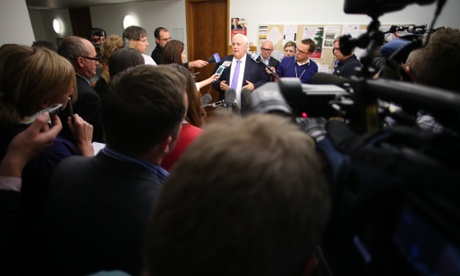 The member for Fairfax Clive Palmer talks to the media in the press gallery of Parliament House this afternoon, Monday 14th July 2014.