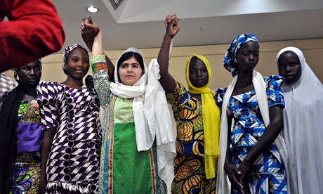 Young Pakistani activist Malala Yousafzai with five of the abducted Chibok schoolgirls who escaped