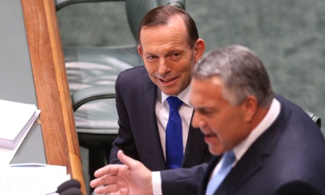 The treasurer Joe Hockey and The Prime Minister Tony Abbott during question time in the House of Representatives Monday 14th July 2014