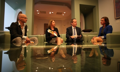 Doctor Kate Kelso (right) presents a petition to the Leader of the Opposition Bill Shorten and shadow Health Minister Catherine King, also present the Deputy editor of Australian Doctor magazine Paul Smith in the opposition leaders offices in Parliament House, Canberra this morning