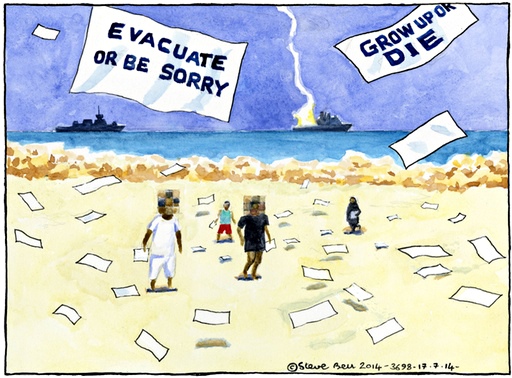 EVACUATE OR BE SORRY ~ GROW UP OR DIE ~ Steve Bell on the Israeli airstrikes on Gaza