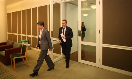 The Leader of the opposition Bill Shorten with the Leader in the senate Penny Wong at a press conference this morning in Parliament House, Thursday 17th July 2014 #politicslive Photograph  by Mike Bowers for The Guardian Australia