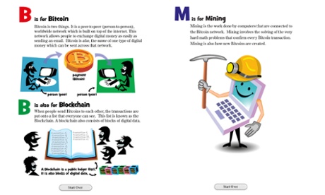 Two pages from iPad app The Bitcoin Alphabet.