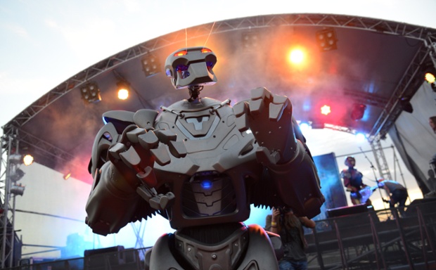Titan the robot performs during a Noize MC gig at the Artplay design centre in Moscow