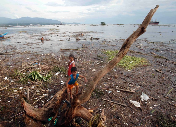 Children play on a fallen tree branch in the aftermath of Typhoon Rammasun in Batangas city, south of Manila